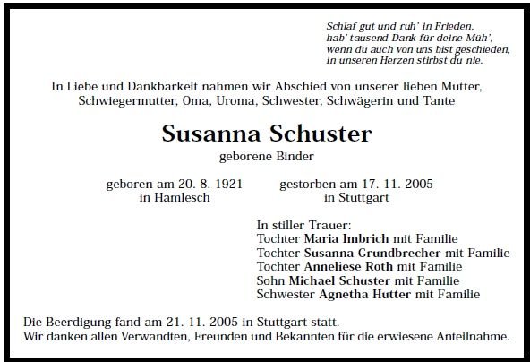 Binder Susanna 1921-2005 Todesanzeige